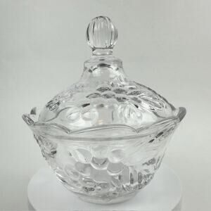 Vintage Clear Glass Candy Dish and Lid w/ Grape Vine /Cherries/Flowers Motif
